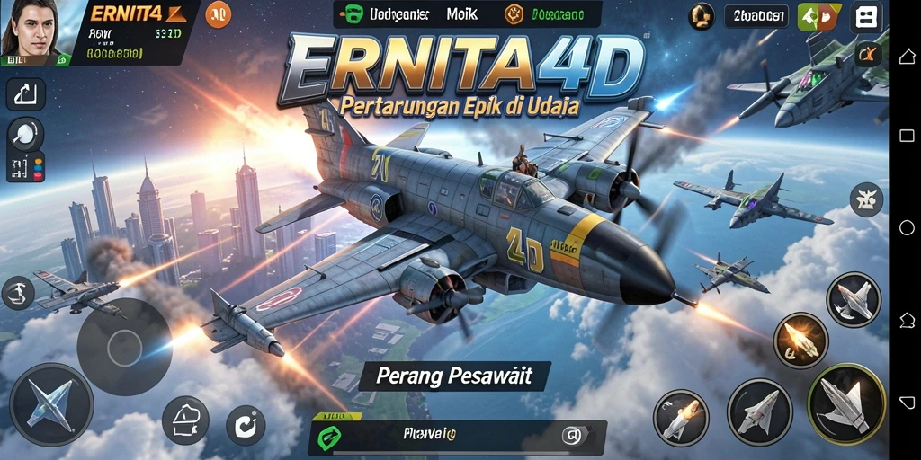 Tampilan utama ERNITA4D dengan pesawat tempur dan latar belakang pertempuran udara.