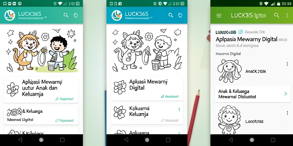 Antarmuka aplikasi LUCK365 saat anak-anak mewarnai gambar.