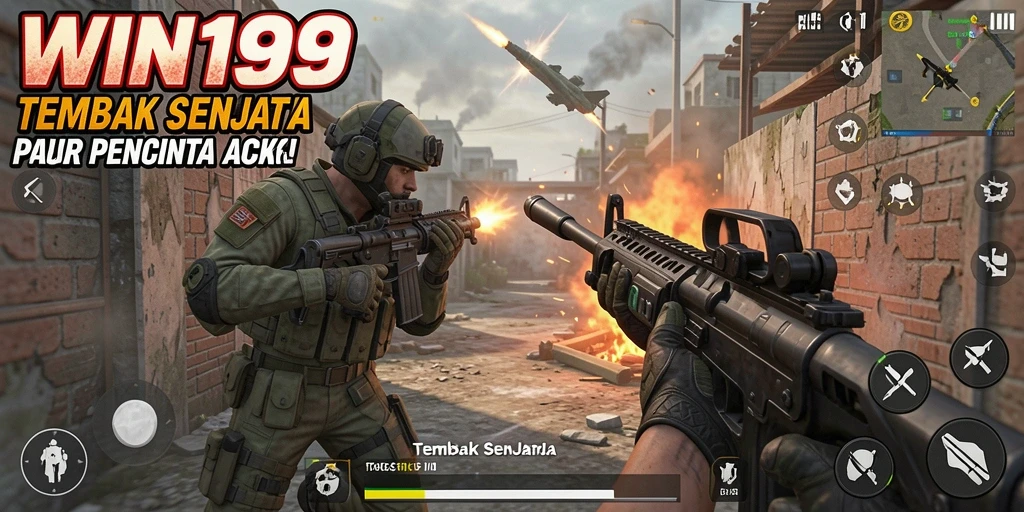 Tampilan antarmuka permainan WIN199 dengan senjata dan aksi seru.